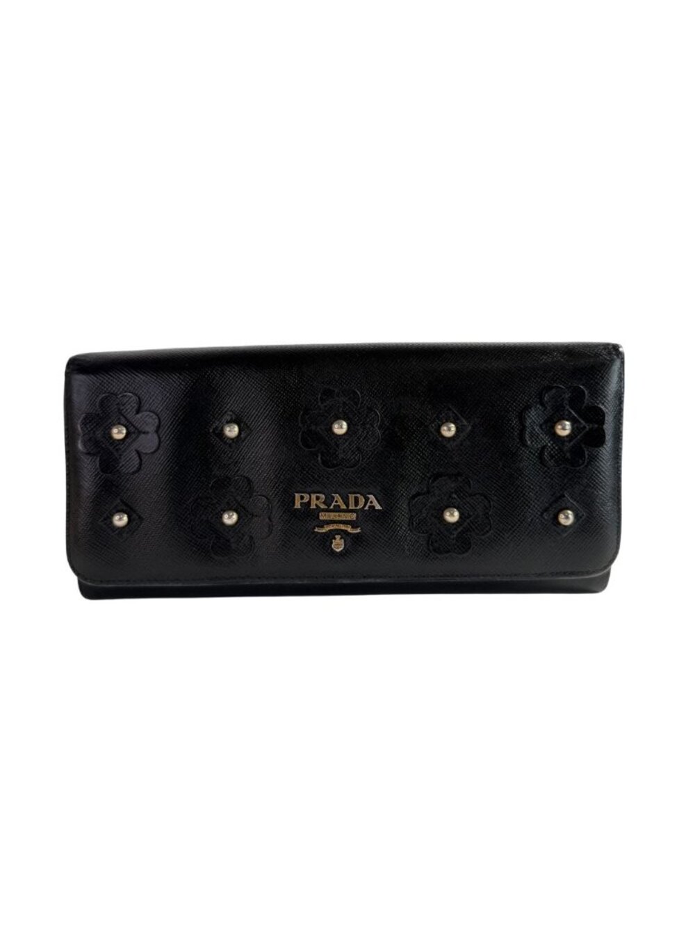 Prada Black Saffiano Floral Stud Continental Wallet